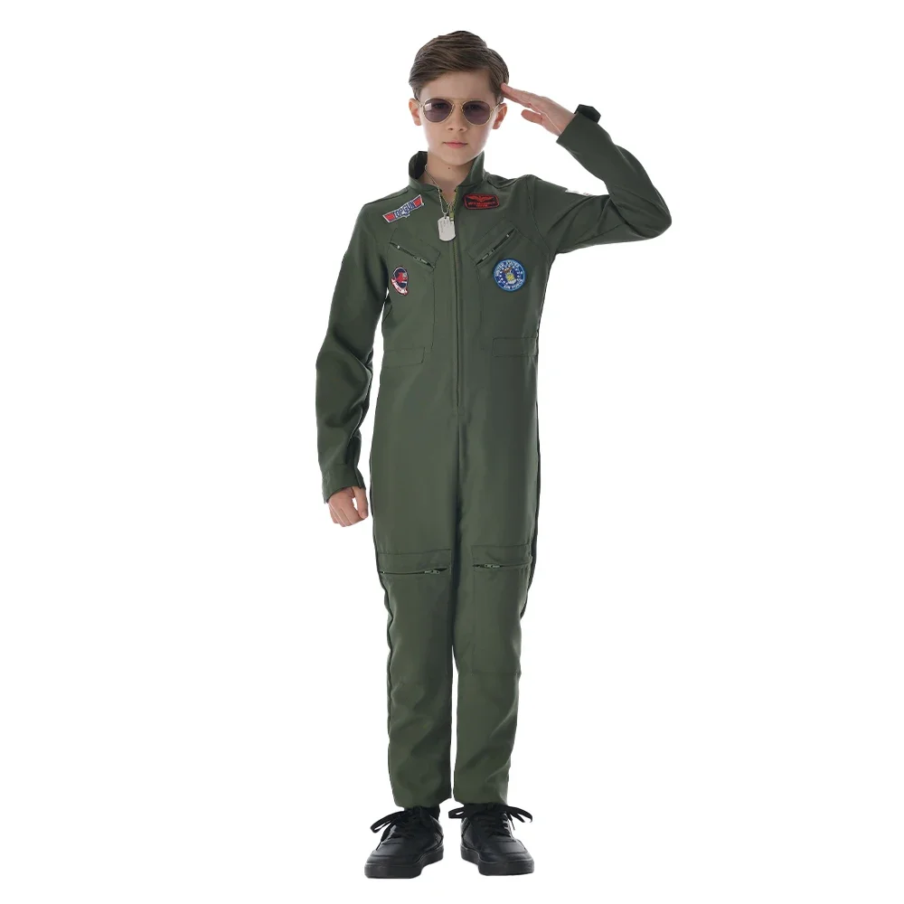 Movie Top Gun American Airforce Uniform Military Pilot Costume Boys Flight Jumpsuit Suits Kids Carnival Party Outfits