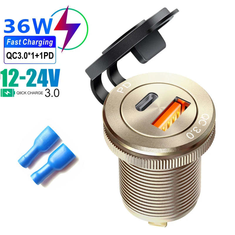 Car Charger Socket PD3.0 & QC3.0 Double USB C Ports with LED Touch Switch 54W Fast Charging 12V/24V For Moto Adapter