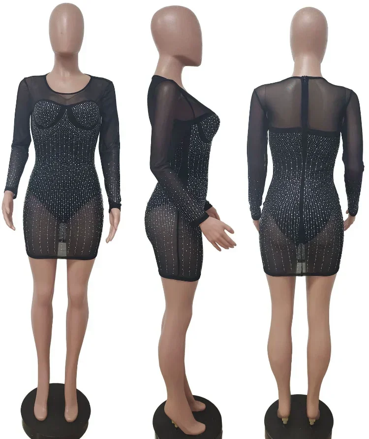 GUWU انظر من خلال شبكة المرقعة مثير كريستال حجر الراين Bodycon فستان شير حفلة ليلة بريق فستان عيد ميلاد النساء كلوبوير