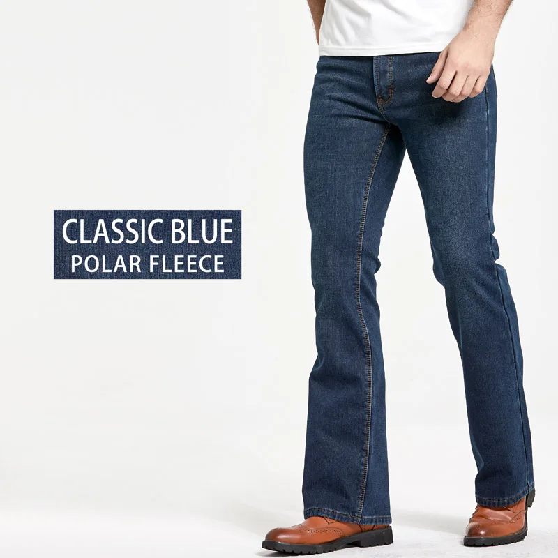 Mens Winter Stretch Denim Jeans Thicken Warm Pants Slim Slightly Flare Trousers Boot Cut Fit Polar Fleece Jeans