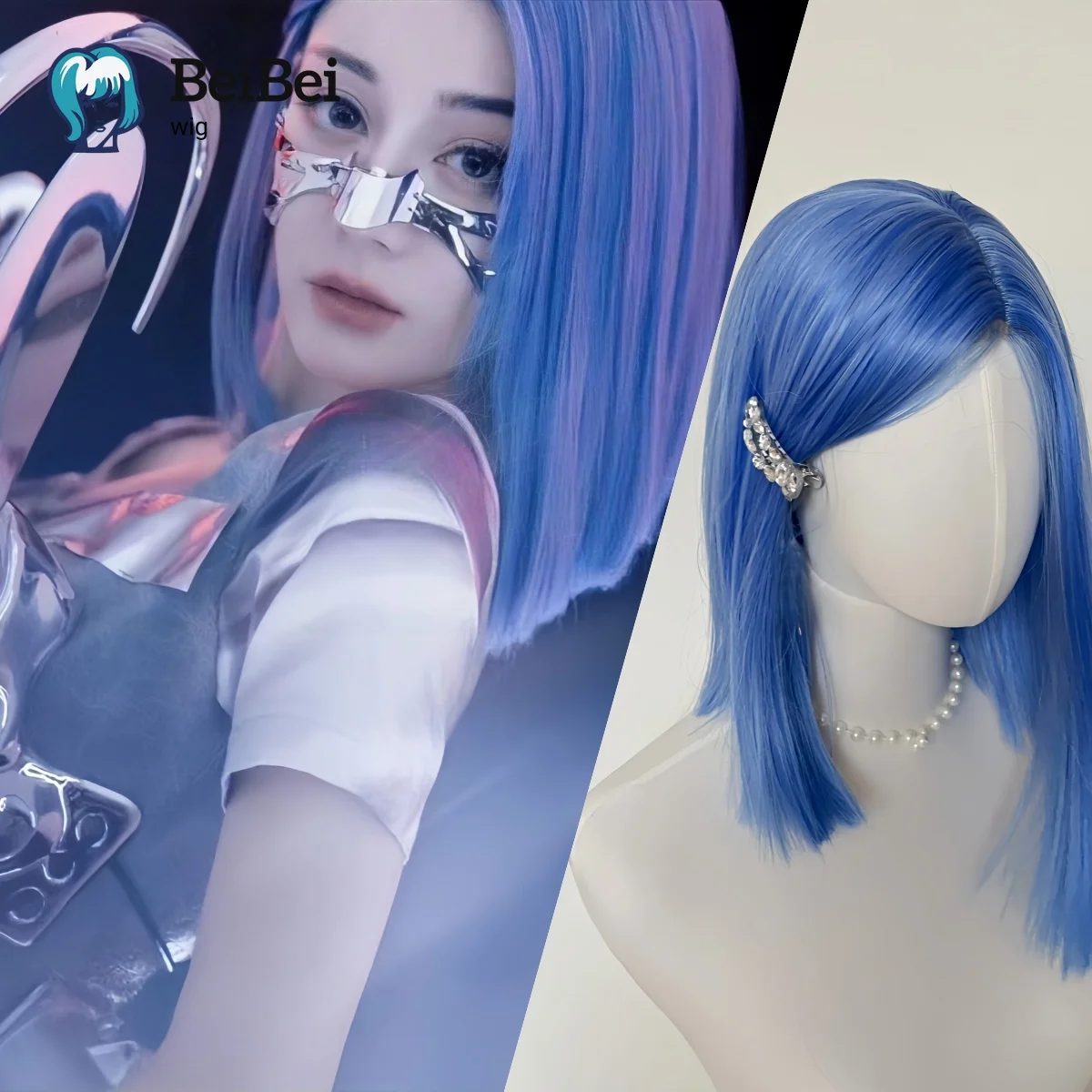 

BeiBei Blue Wigs for White Women Short Straight wigs 14 Inch Sky Blue Shoulder Length Heat Resistant Synthetic wig for Daily Use