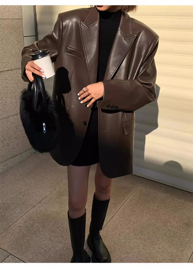 Lautaro Autumn Black Brown Soft  Pu Leather Blazer Women Shoulder Pads Long Sleeve Single Breasted Loose Casual Korean Fashion