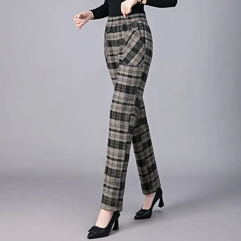 Vintage Thicken Big Size Women Plaid Straight Pants Spring Autumn Elastic High Waist Pockets Office Fashion Casual Trousers 2023