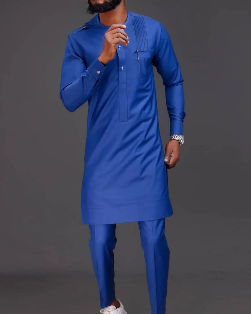 Dashiki】Popular Muslim African Ethnic Style Men's Round Tie Blue Shoulder Buckle Four Seasons Universal Casual Long-Sleeved Suit