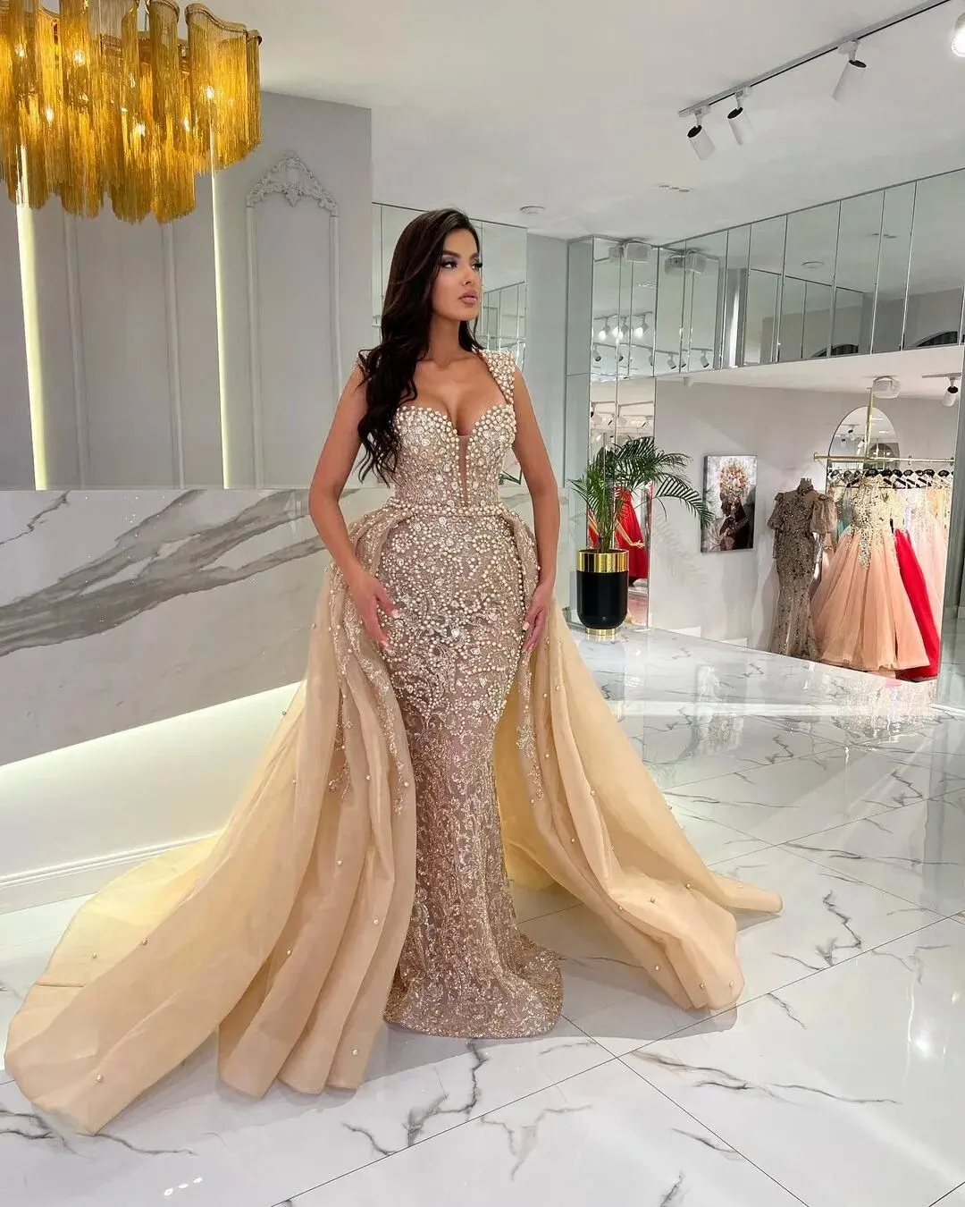 Champagne Overskirts Prom Gowns Pearls Sequins Beading Formal Evening Party Dresses Special Occasions Dress