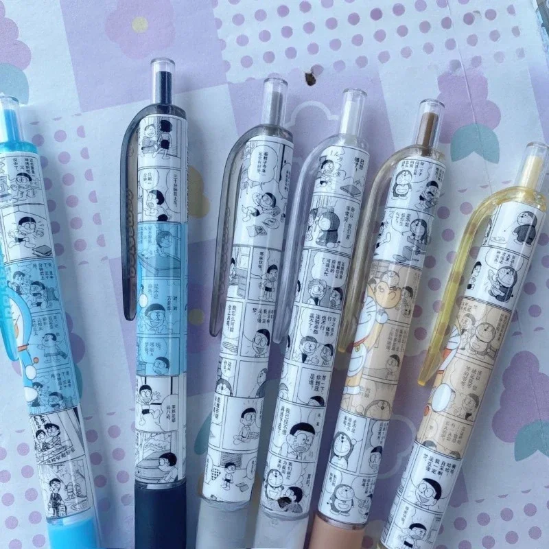 6 stks Doraemon Manga Stijl Limited Edition Druk Pen ST Hoofd Half Naald Buis sneldrogend Zwart 0.5 Water Pen Leuk voor Studenten