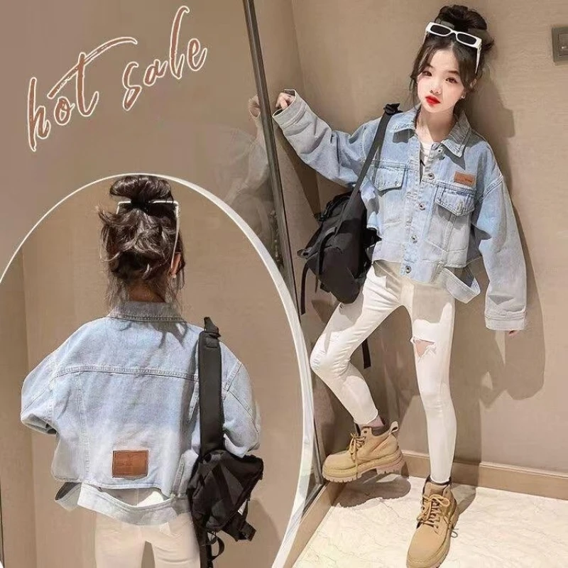 

Girls' Jean Jacket Short Long Sleeve 2023 Spring and Autumn New Splicing Top Medium and Large Children's Fashionable Casual Coat