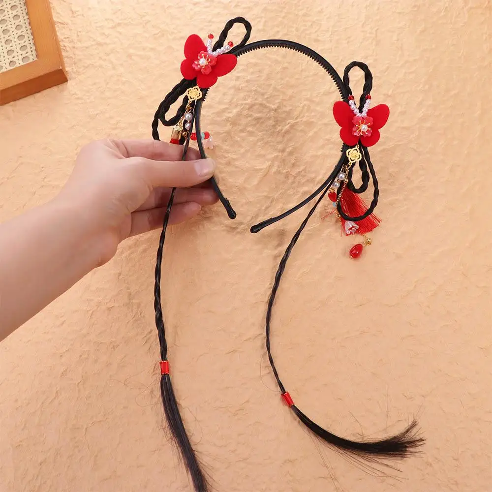 

Ancient Style Headwear Chinese Style Hanfu Wig Headband Red Pearl Flower Tassel Headband Cute Ancient New Year Headwear Children