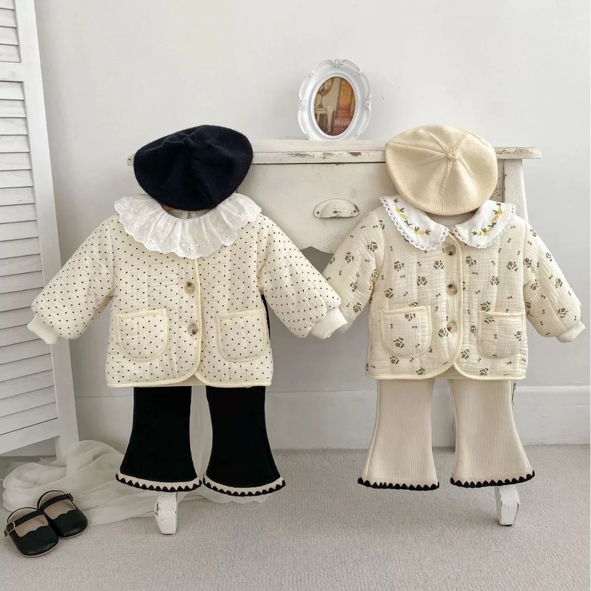 2025 Winter New Baby Long Sleeve Warm Coat Plus Velvet Thick Infant Girls Floral Padded Jacket Toddler Dot Print Warm Cardigan