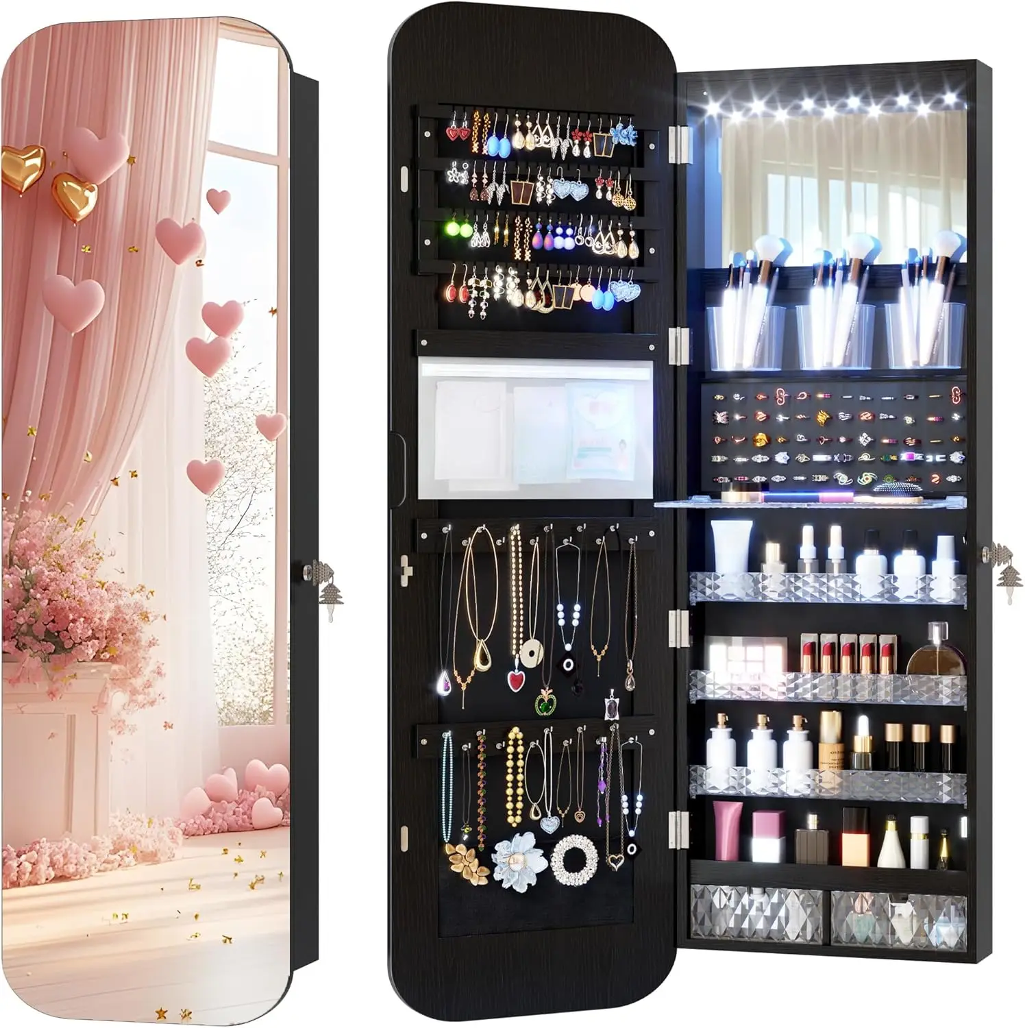 

Зеркало-шкаф для украшений с LED-подсветкой, 47,2 дюйма, с выдвижными ящиками для хранения, настенный органайзер, черный цвет