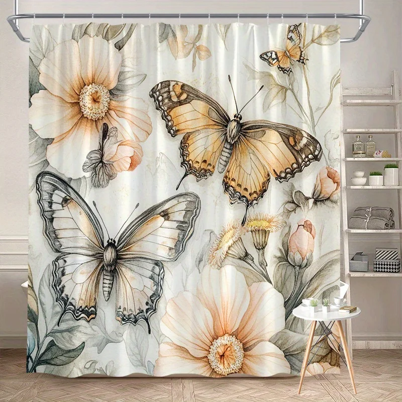 

1 шт. занавеска для душа с бабочкой и цветочным узором, полиэфирная ткань, можно стирать в машине, элегантное украшение для ванной комнаты на все сезоны