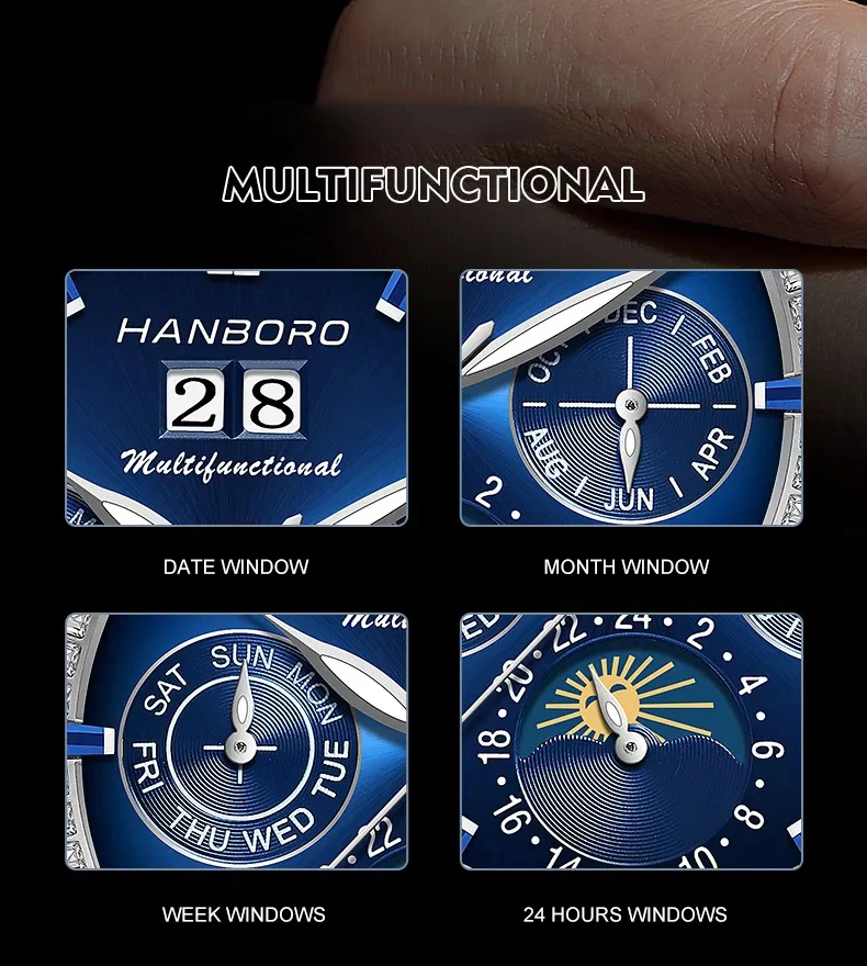 HANBORO Orologio automatico da uomo 41,5 mm Orologio da polso meccanico di lusso 50M Impermeabile Lunetta in cristallo luminoso Multi-quadrante Settimana Mese Data