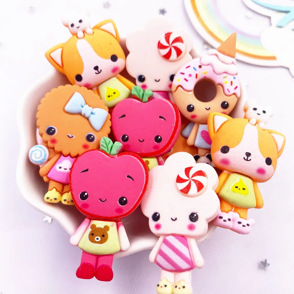 10Pcs Żywica Kolorowe Kawaii Ciasteczka Pączki Jabłko Kreskówka Flatback Figurka Świąteczne Dekoracje Akcesoria DIY Łuk Scrapbook Craft