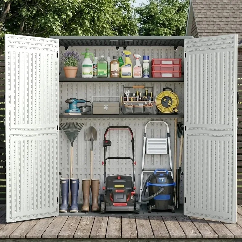 EHHLY Vertical Resin Storage Shed with 2 Shelves, 60 Cuft Garden Tool Sheds & Outdoor Storage, Plastic Outdoor Storage Cabinet