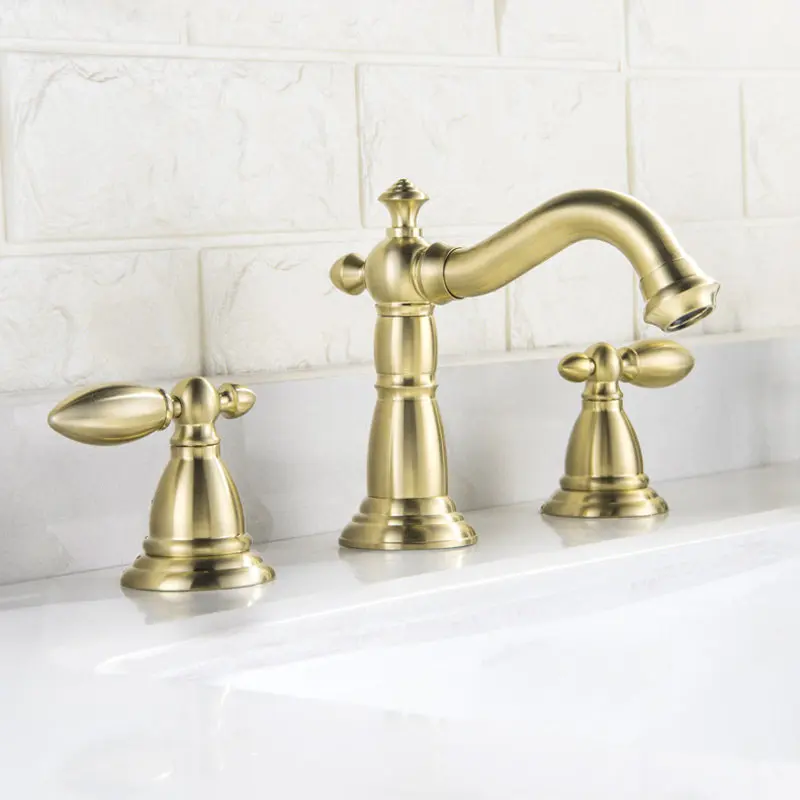 Basin Mixer Tap Deck Mounted Hot and Cold Faucet Dual Holder Three Hole Widespread Gold Brass Bathroom Basin Faucets