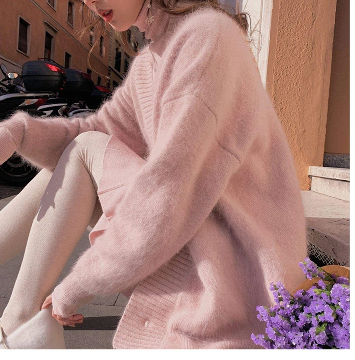 Elegant Women Mink Cashmere Cardigan Coat Chic Autumn Winter Pearl Button V Neck Knitted Mohair Thick Loose Sweater Jacket Coat