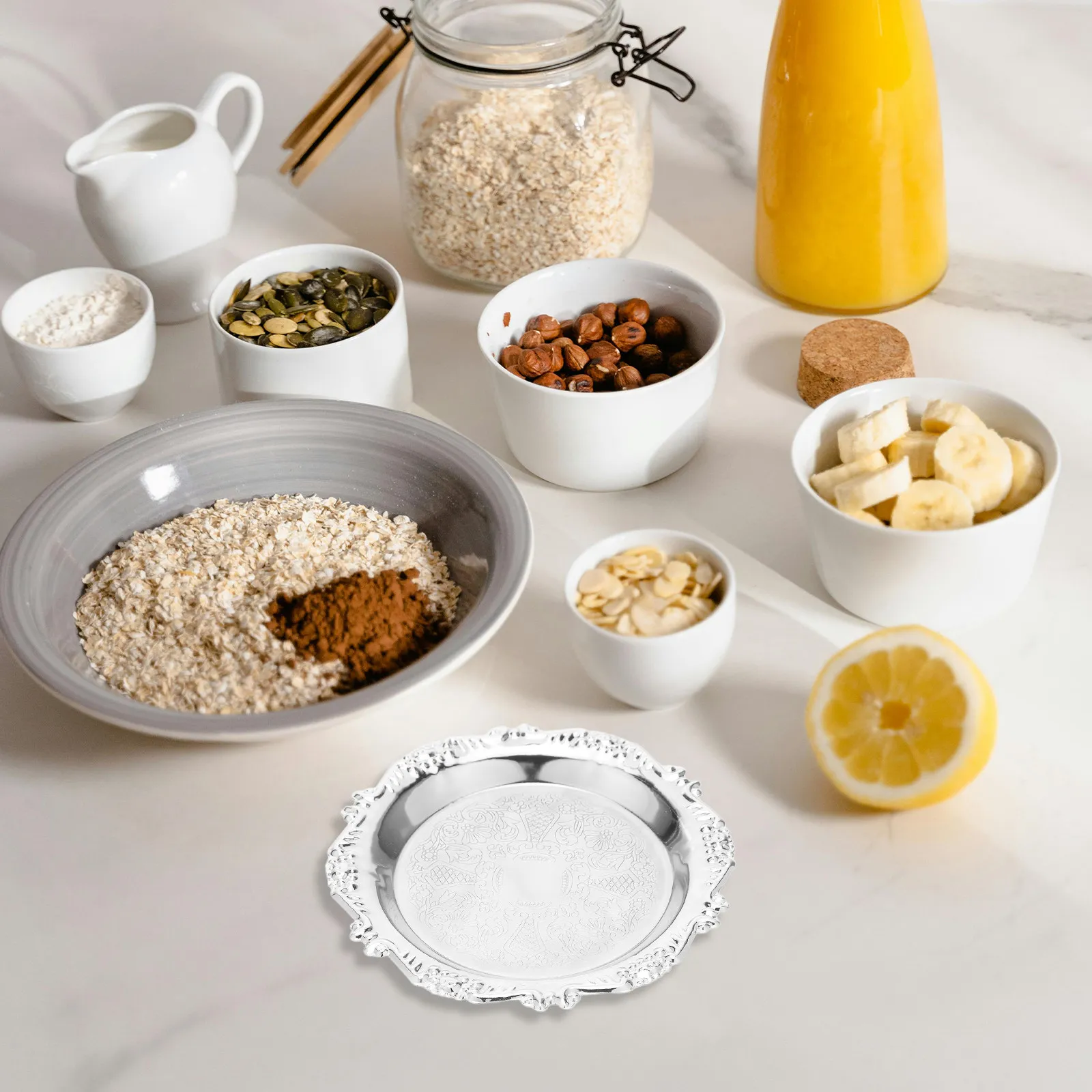 Silver Decorative Retro Tray Jewelry Organizer Storage Dish for Rings Earrings Nuts Food Photo Plate Tray