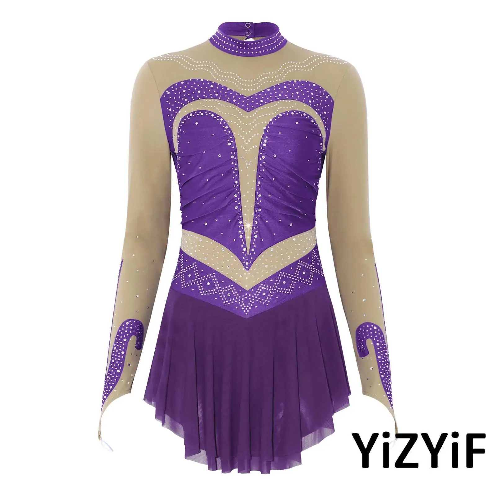 

Womens Figure Skating Bodysuit Dress Rhinestones Color Blocking Ruched Detail Jumpsuit for Jazz Latin Ballroom Dance Performance