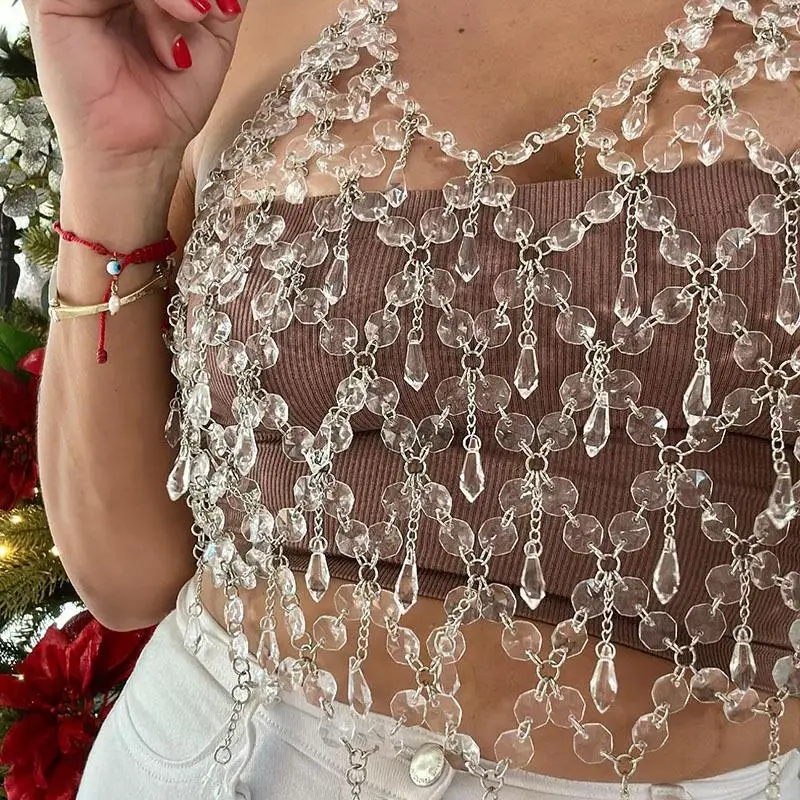 クリスタルホローキャミソールバックランウェイモデル婦人服エレガントでファッショナブルな華やかな女性用トップス（ブランド登録なし）