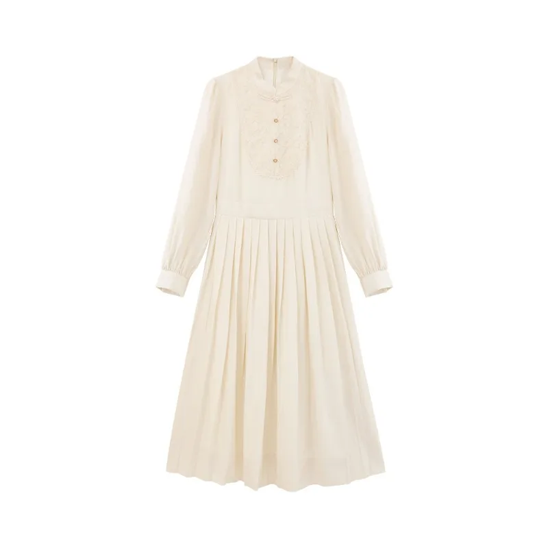 Elegant Lace Pleated Dress Vintage Chinese Style Midi Dress Long Sleeve Slim Sweet A-Line Dress for Women Spring Autumn Outfit