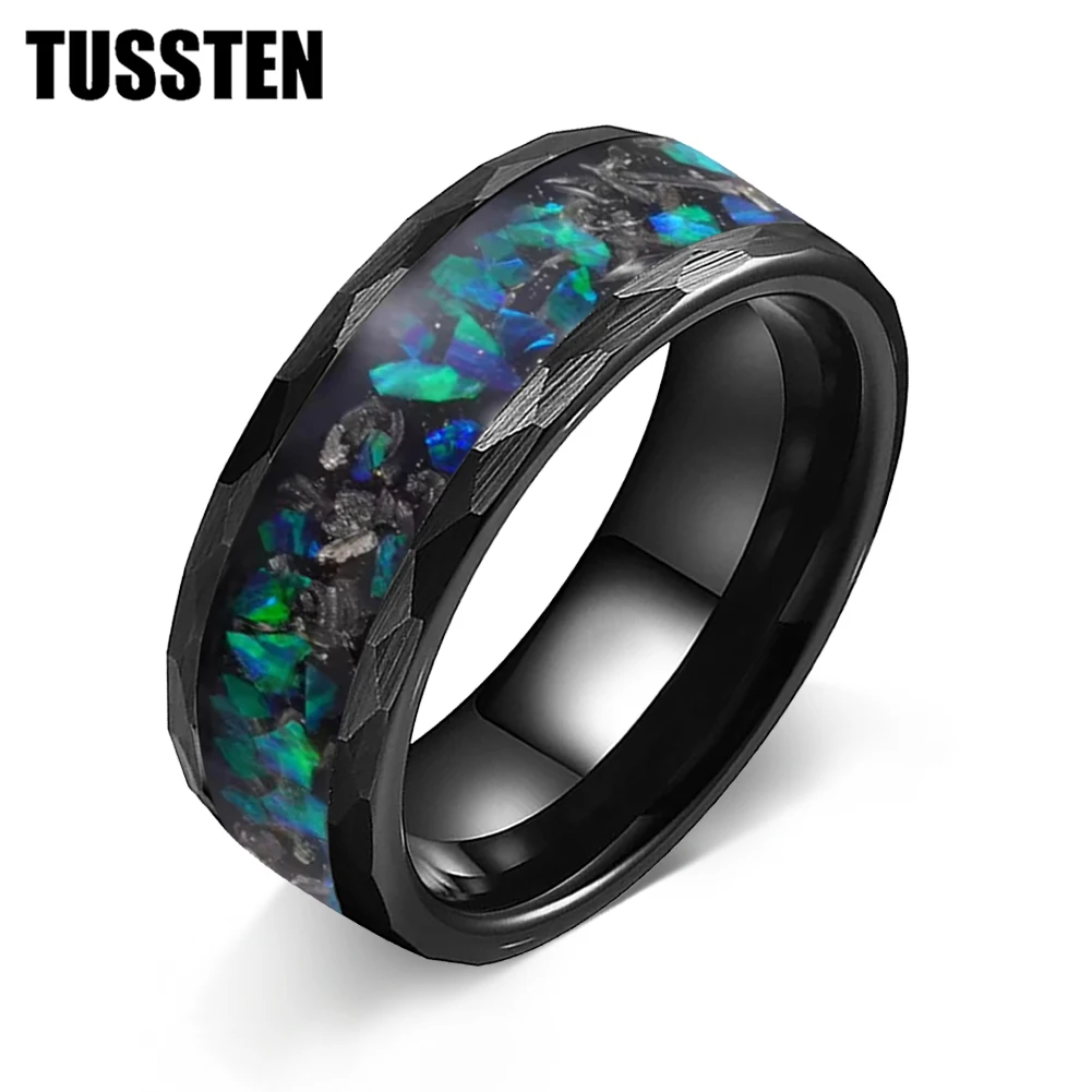

TUSSTEN 8mm Engagement Wedding Band for Men Women Meteorite and Opal Chip Inlay Black Hammered Tungsten Carbide Ring