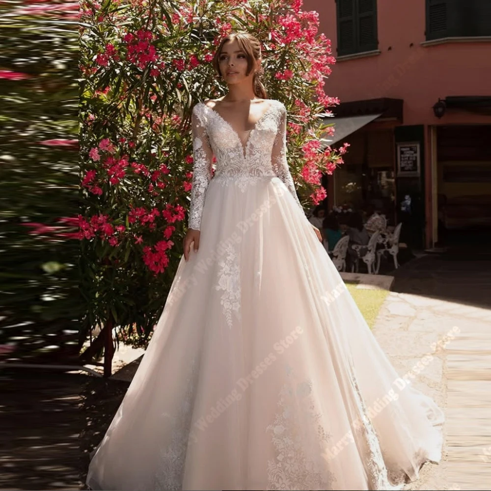 

Modern V-Neck Elegant Women Wedding Dresses Charming Long Sleeves A-Line Bridal Gowns Mopping Length Vestido De Novia Customized