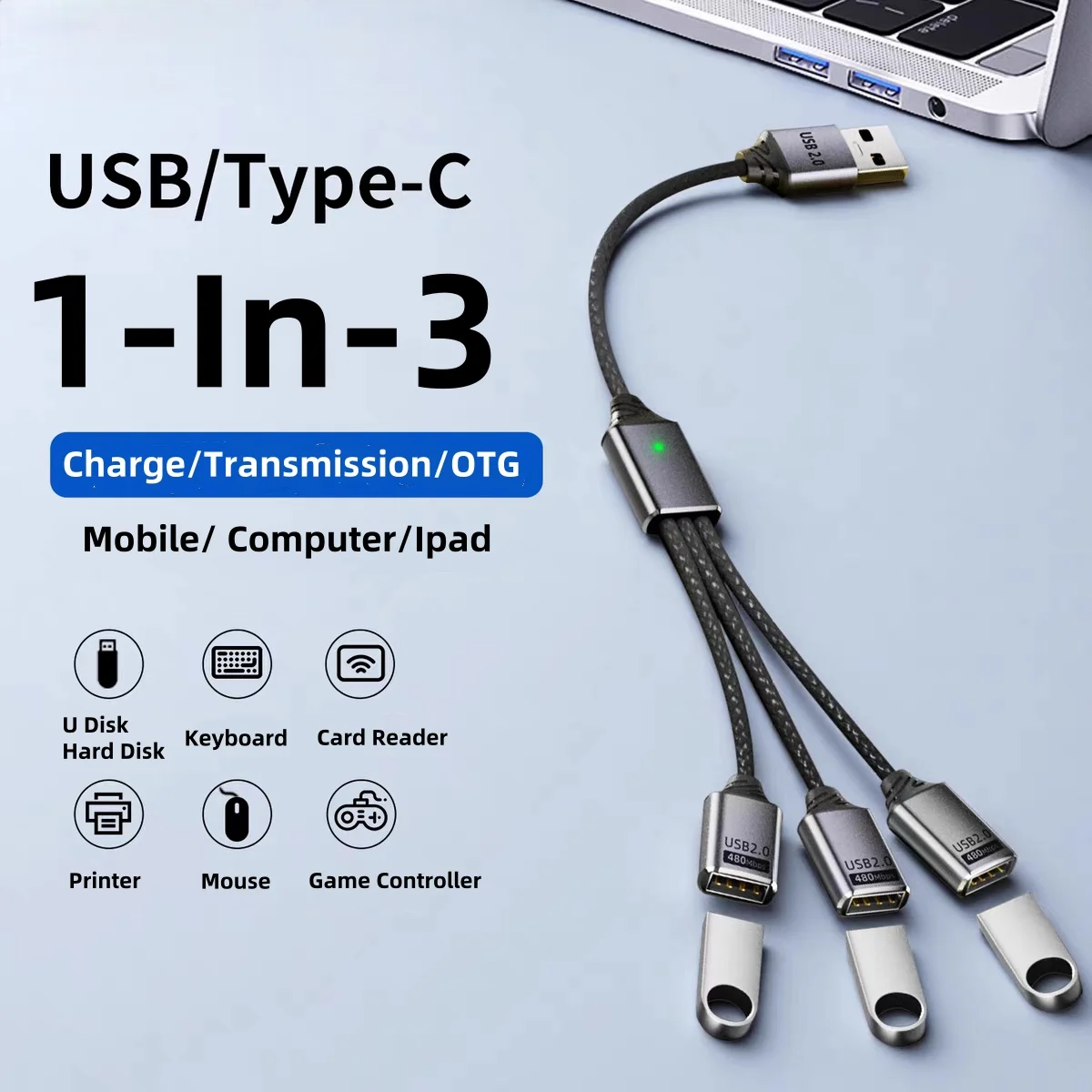 3 Port USB Cable Splitter OTG  Adapter Splitter Cable USB Type C Male to 3USB 2.0 Female Hub Extensions Cable for Samsung Huawei