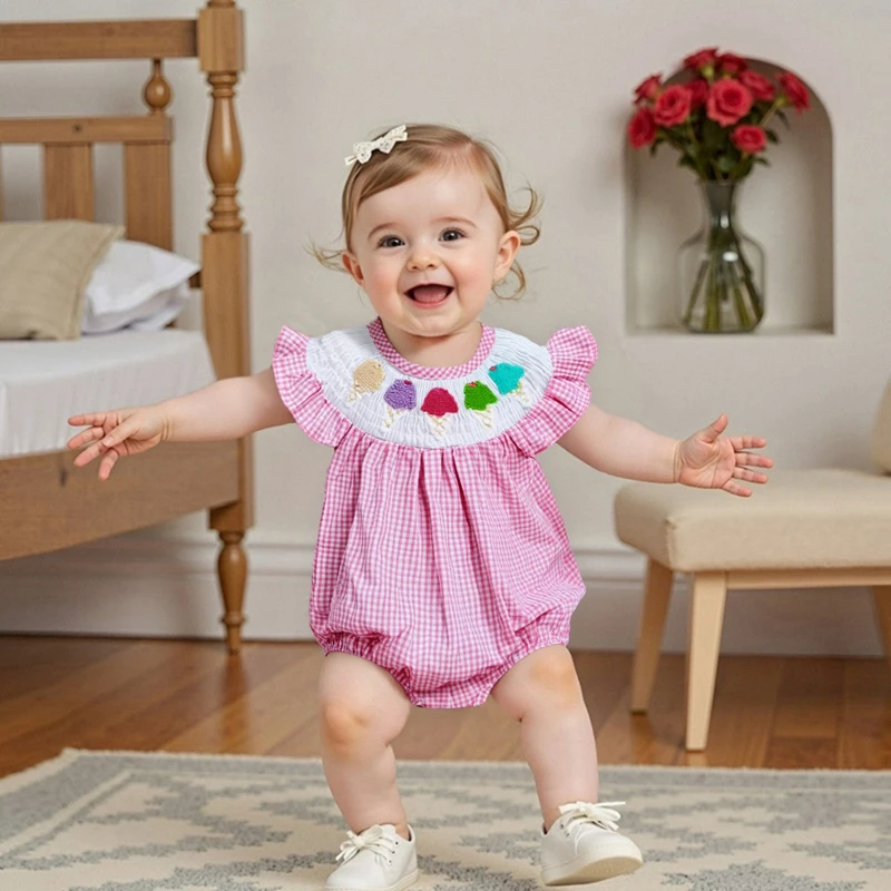 

Toddler Girls Rompers Watermelon Embroidery Polka Dot Floral Square Neck Ruffle Sleeve Baby Bodysuits Playsuits