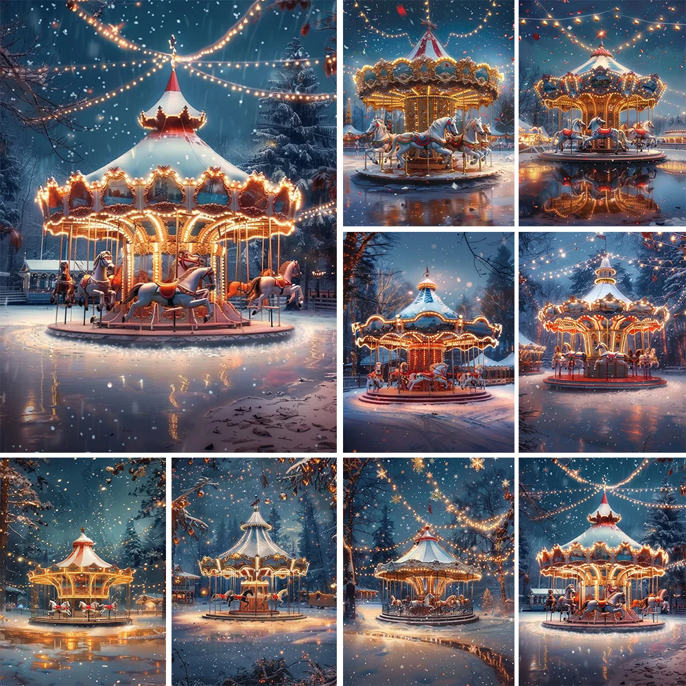 Christmas Photography Background Glitter Carousel Xmas Carnival Night Kid Birthday Party Backdrop Winter Snow Floor Decor Studio