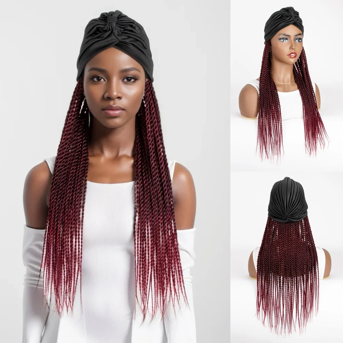 

WIGERA Medium Ombre Black Burgundy Headbands Twist Braided Synthetic Wig With Turban Braiding Hair Extensions Headwrap For Women