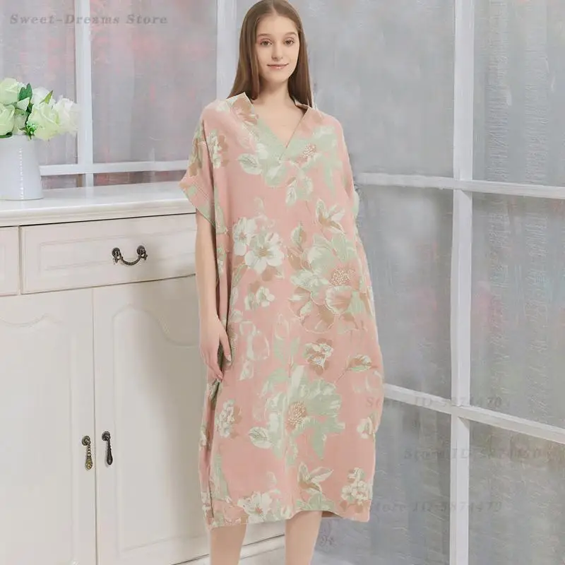 Spring Summer Short Sleeved Nightgown Cotton Jacquard Nightdress Long V-Neck Home Dressing Loose Casual Sleepwear Loungewear 5