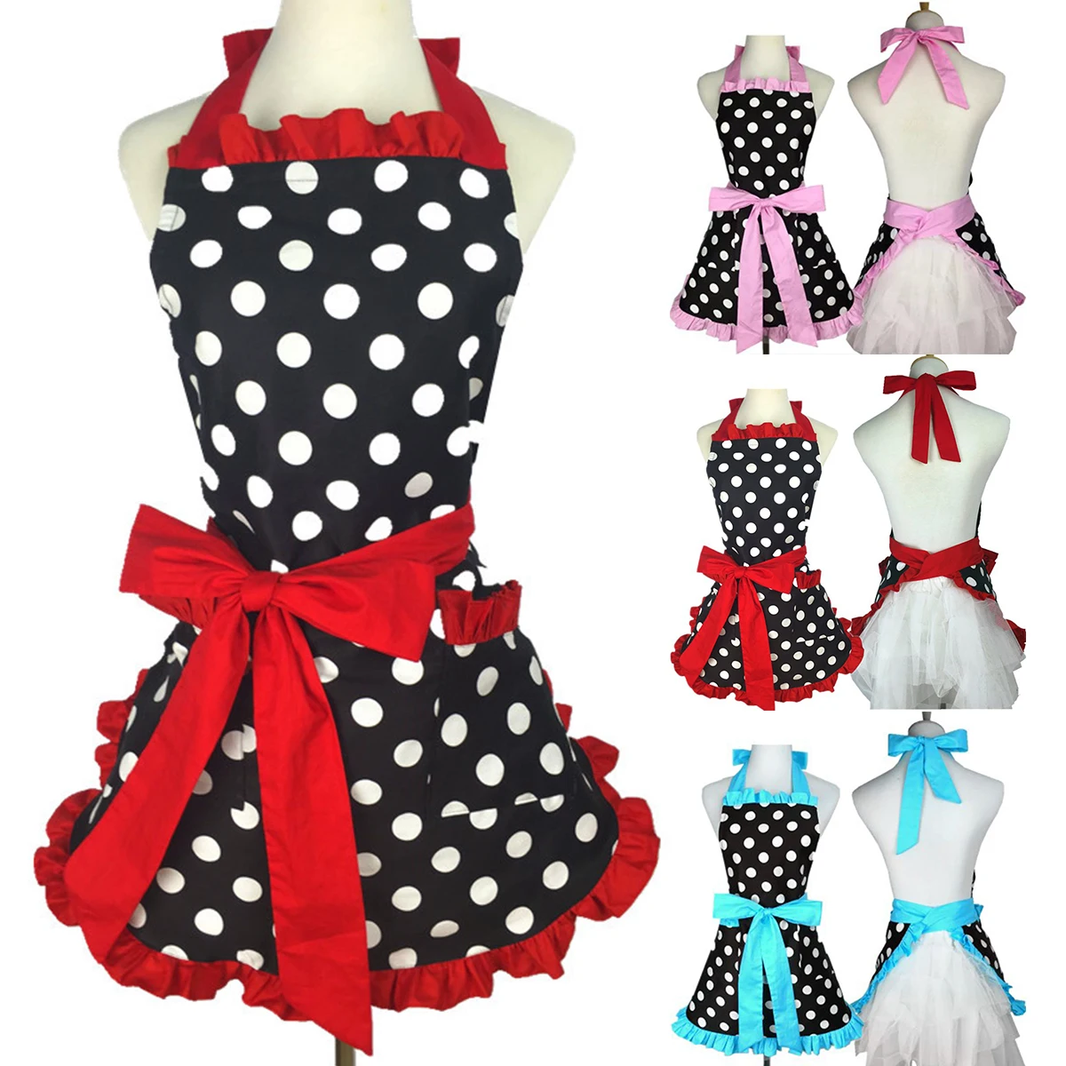 Śliczny fartuch z kieszeniami Retro Red Polka Dot Xmas Fartuchy bez rękawów Ruffle Cooking Regulowane fartuchy kuchenne dla kobiet dziewcząt
