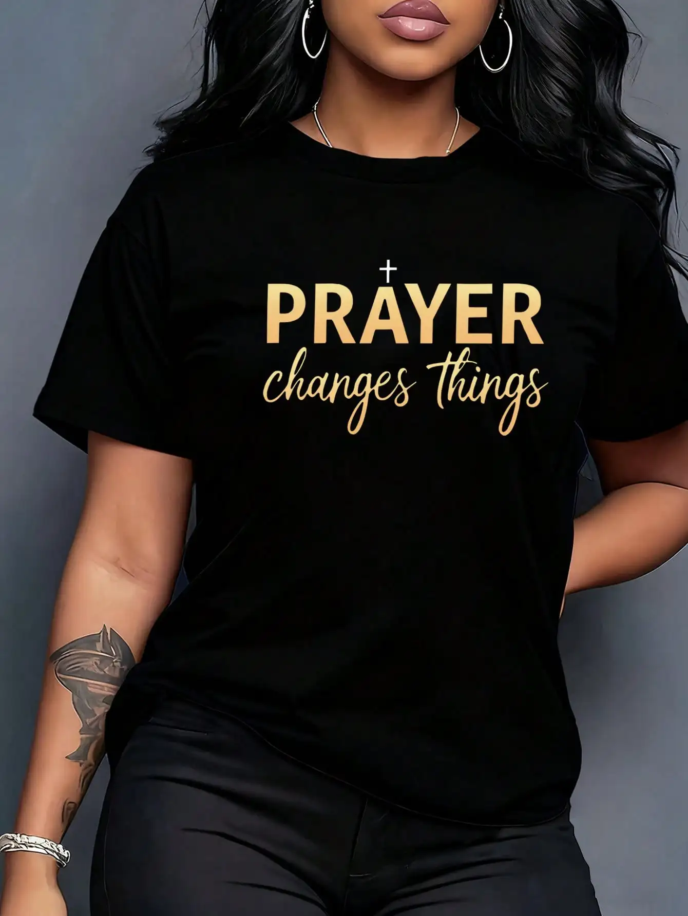 Women's Black And Gold Bible Verse Christian Tshirts,Summer Casual Streetwear Church God Graphic Print Knitted Fabric T-Shirt