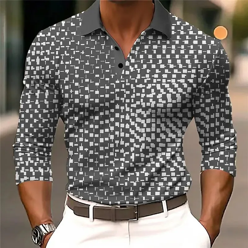Camicia da golf con motivo geometrico da uomo Polo a maniche lunghe con risvolto Business Casual Bottoni formali Stampa 3D Autunno Inverno