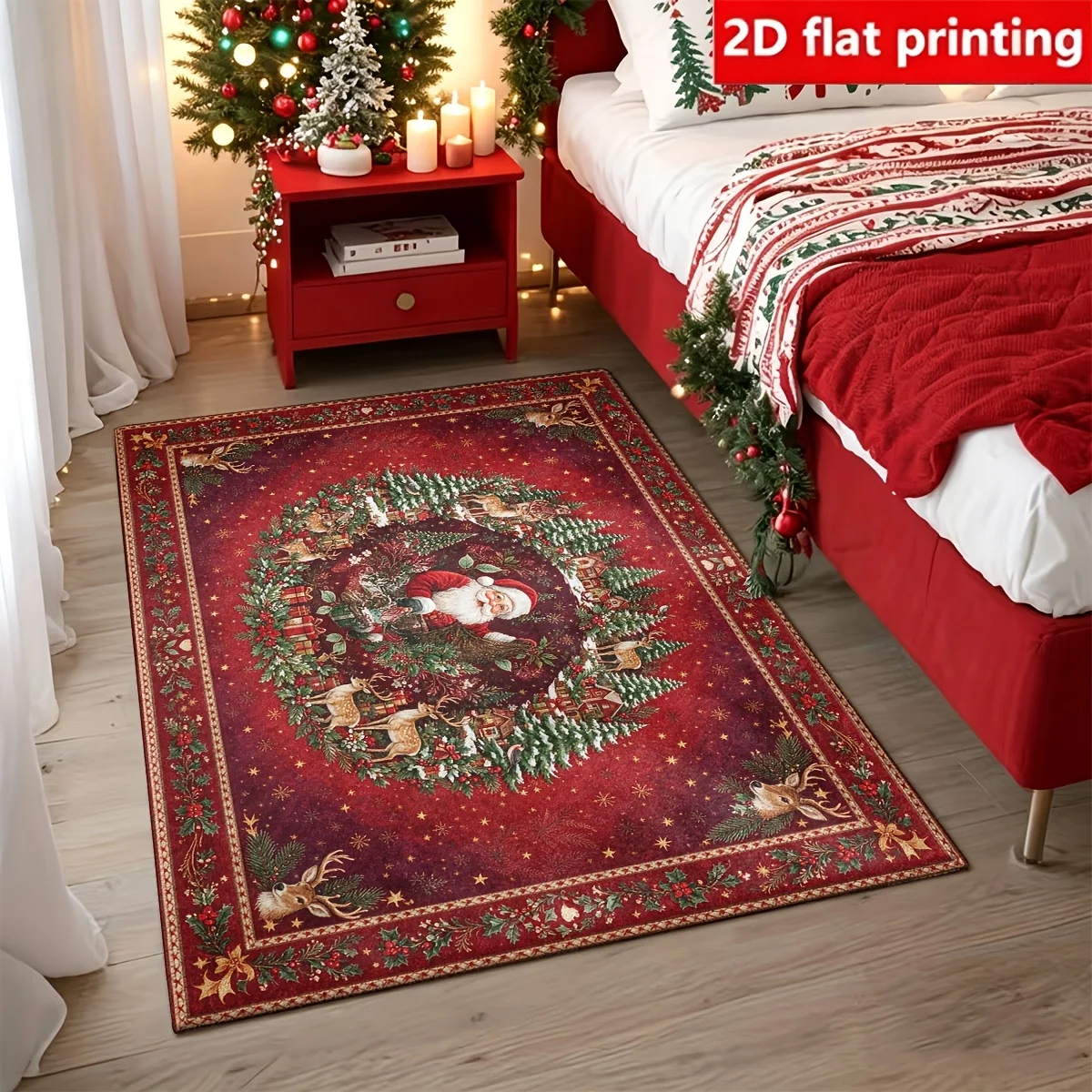 1pc 2D Flat Santa Claus Wreath Christmas Printed Floor Mat, Decorative Rug for Living Room, Bedroom, Home
