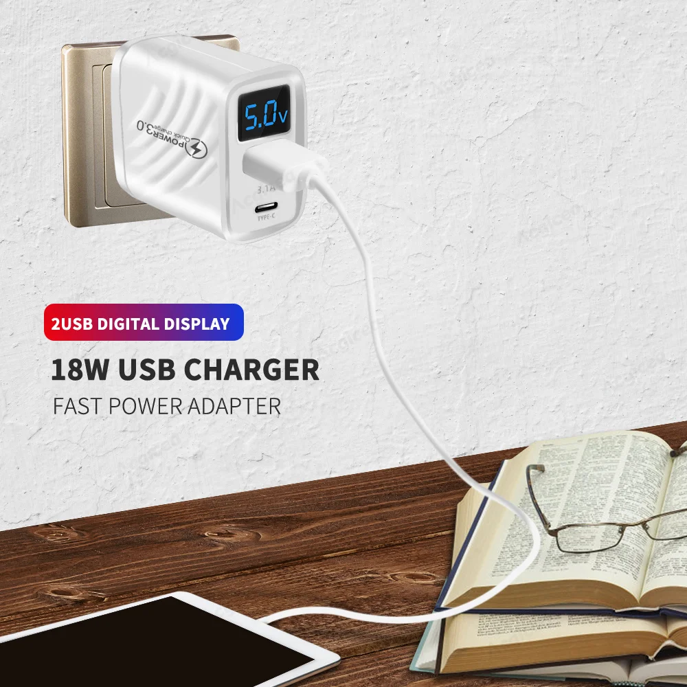 PD USB Charger 20W Fast Charge Adapter with Digital Display For Iphone Samsung Xiaomi Huawei Cell Phone Chargers Quick Charge3.0