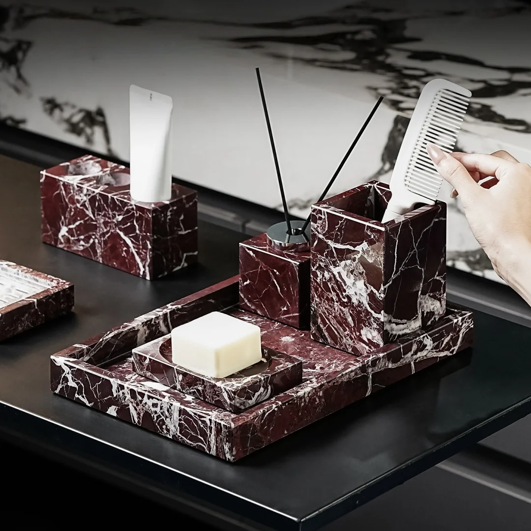 Luxury Natural Marble Rosa Levanto Bathroom Accessories for Home Decor Soap Dispenser Tissue Box Storage Tray Toothbrush Holder