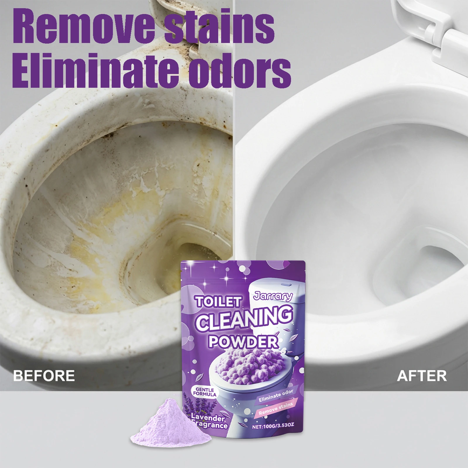 

100 г лавандового порошка для чистки унитазов: быстро удаляет известковый налет и желтые пятна, устраняет неприятный запах, обеспечивает длительный аромат.