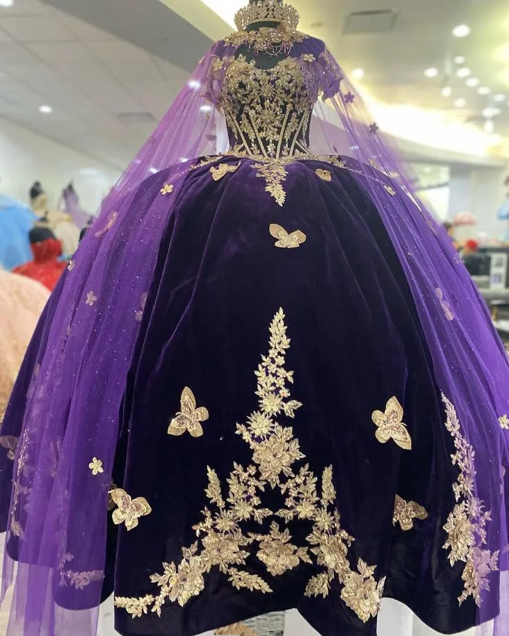 Purple Velvet Ball Gown Quinceanera Dresses with Cape Lace Applique Butterfly Sweet 16 vestidos de 15 quinceañera Lace Up Prom