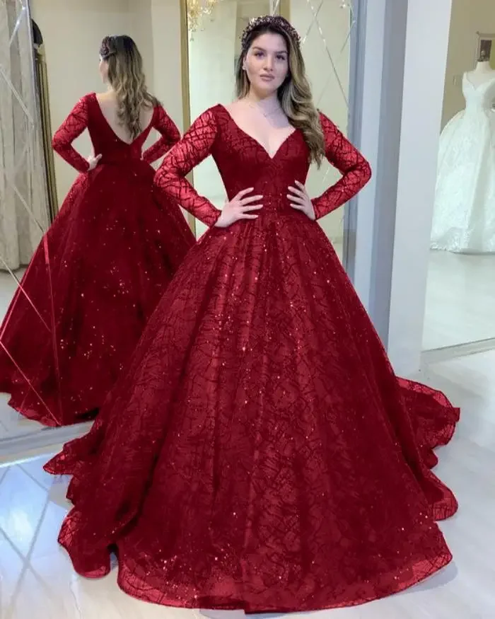 Plus Size Red Shinny Wedding Party Dresses 2022 New Lady V Neck Long Sleeve Gown Mother Of The Bride DressEvening Party Vestido