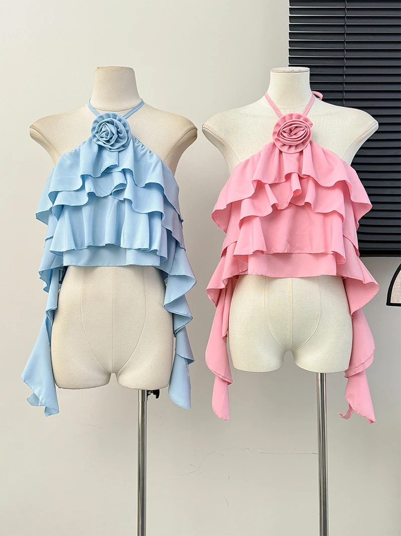 Chic Halter Tiered Ruffle Bandage Off Shoulder Camis Fashion Fairy Tank Top Women Summer Crop Top  Hotsweet Streetwear