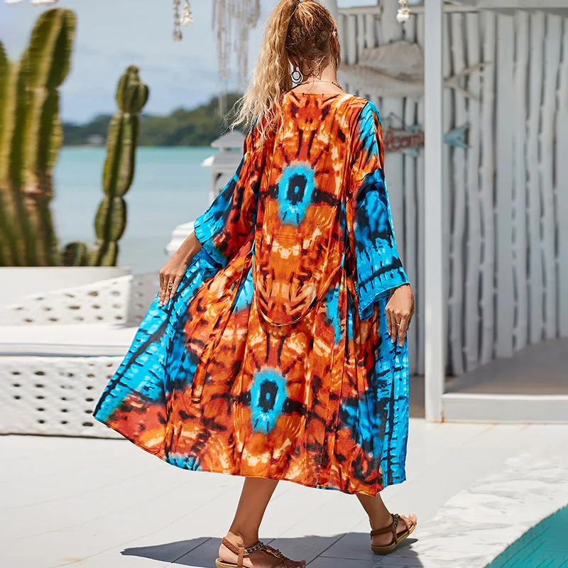 جديد التعادل صبغ بيكيني يغطي المنبثقة الرجعية مخطط الذاتي مربوط المرأة الصيف كيمونو catdigan فستان ملابس الشاطئ لباس سباحة التستر