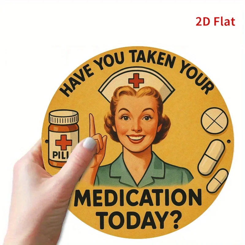 Vintage Nurse-Themed Metal Medication Reminder Sign - Round 