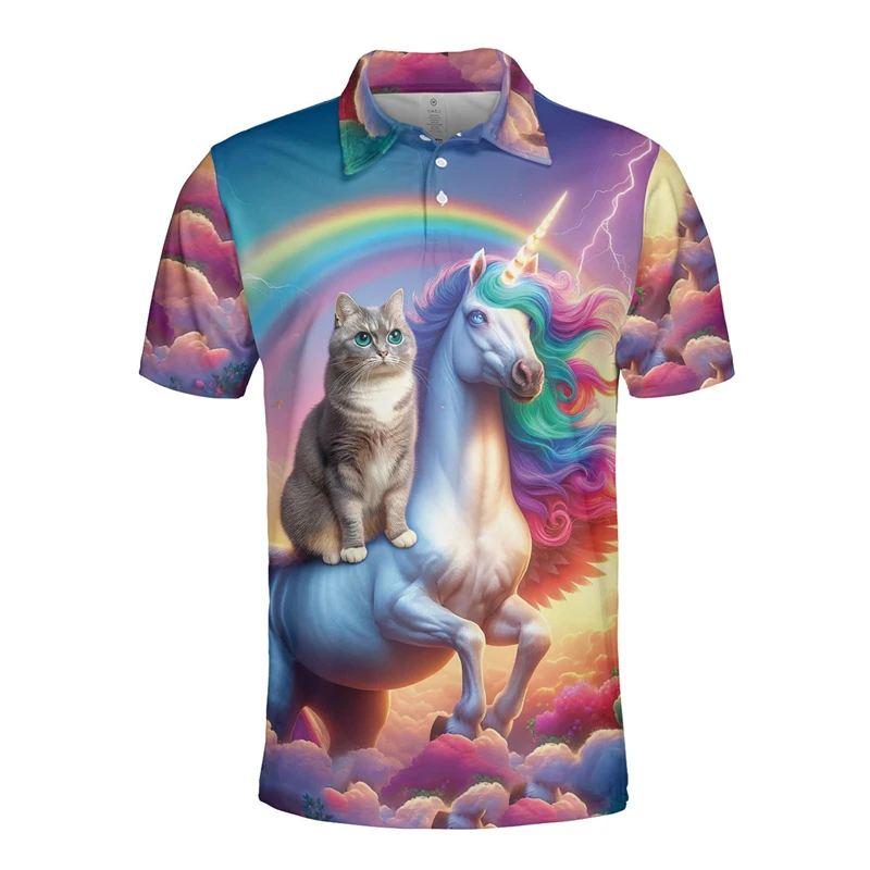 Cartoon Cute Cat 3D Printed Polo Shirts For Men Clothes Feline Pet Unicorn Short Sleeve Harajuku Fashion Funny Animal Kids Tops