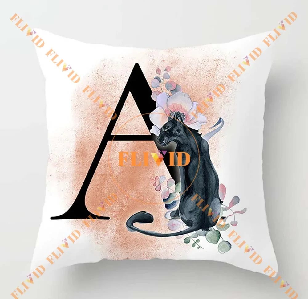 Flower Cat Alphabet  Letter Print Pillow for Home Decor, Cushion Decoration for Sofa, Square Throw Pillows with inner