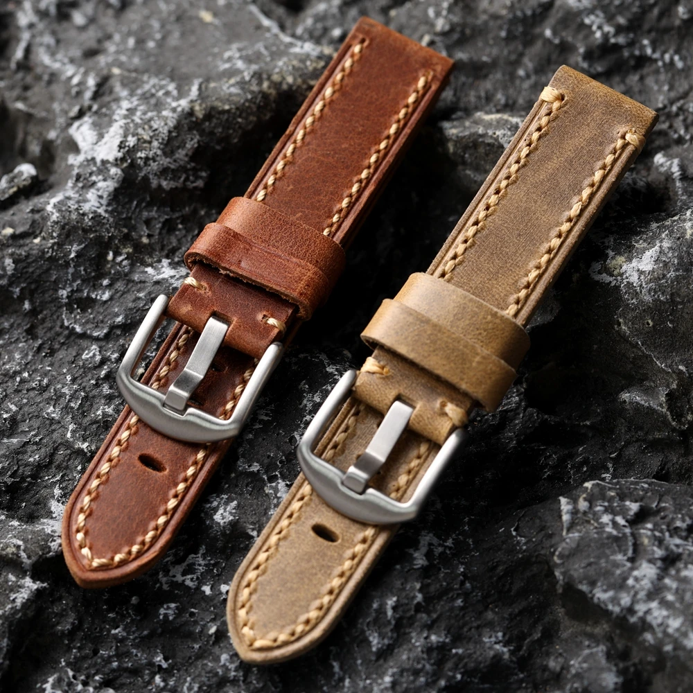 Handmade Layer Cowhide Leather Strap 20 21 22 23 24 26MM Vintage Watchband Thickened Men Watch Bracelet Suitable Soldier Watch