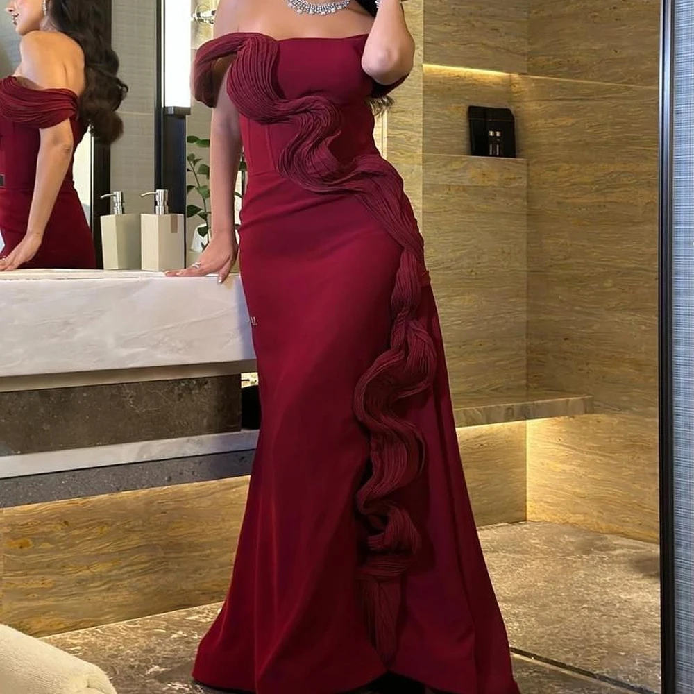 Formal Pleats Strapless Off the Shoulder Short Sleeves Evening Dresses Exquisite A-Line Burgundy Jersey Party Gowns فساتين سهرة