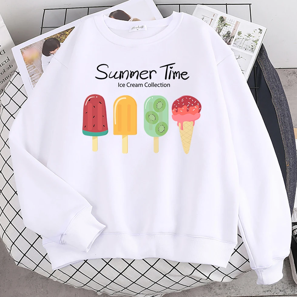 Street Funny Sweatshirts For Women Summer Time Fruit Ice Cream Collection Print Hoodie Soft Fleece Pullovers Loose Warm Clothes