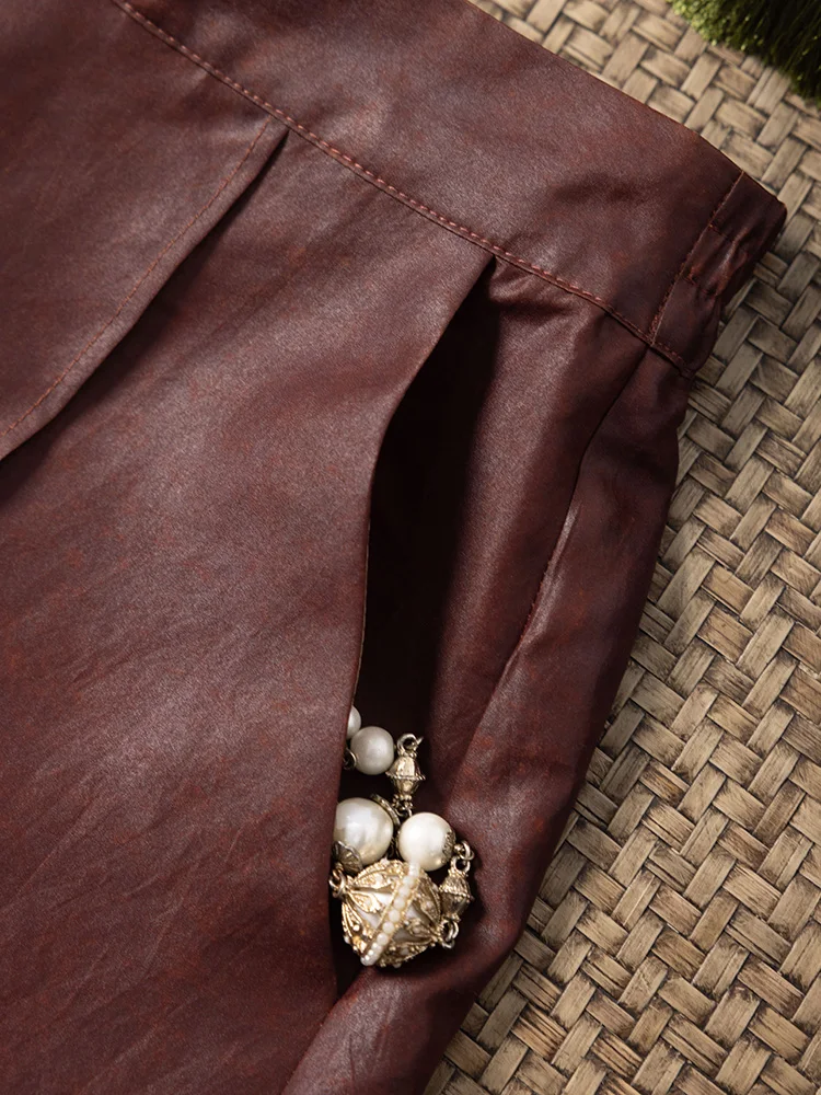 Red Classic Oil Leather Old Material 100% Natural Mulberry Silk Red Cloud Yarn Retro Casual Wide Leg Pants