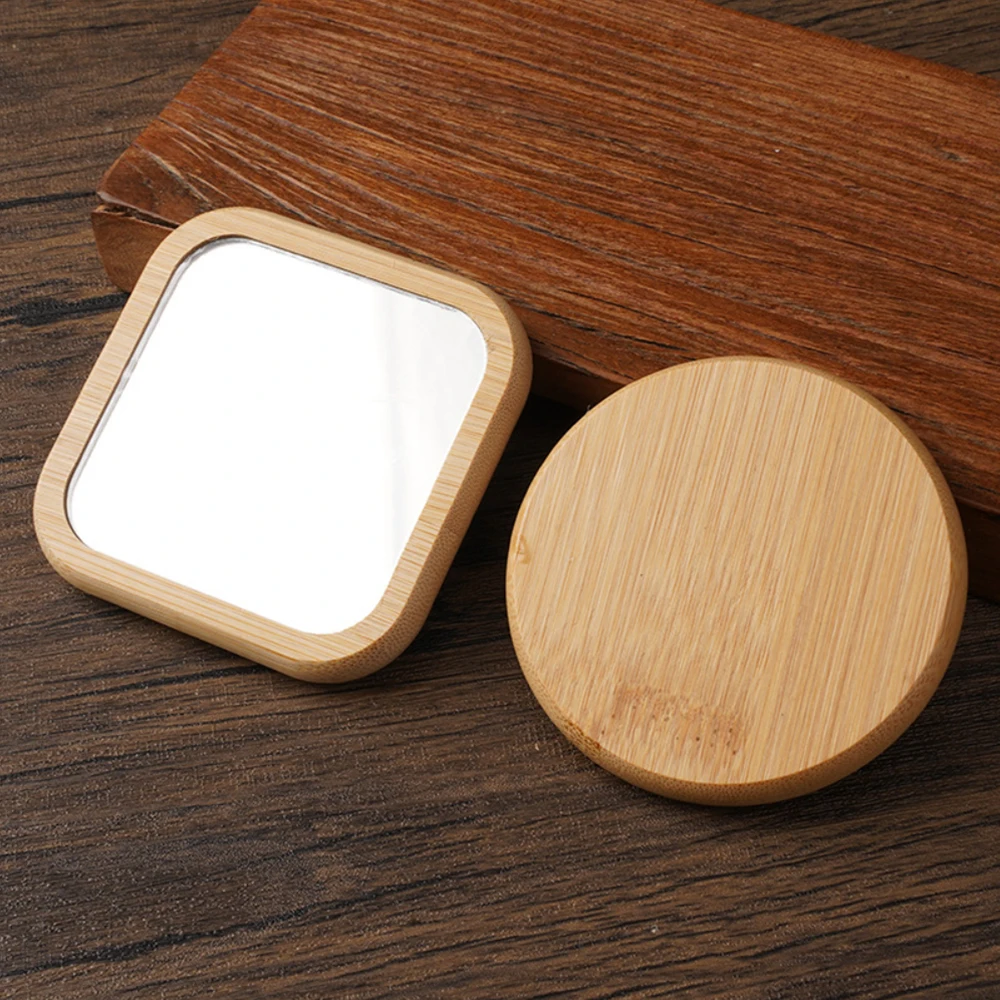 Mini Compact Pocket Mirror Round/Square Cosmetic Mirror Wood Makeup Mirror Handheld Portable Travel Accessories Beauty Tool